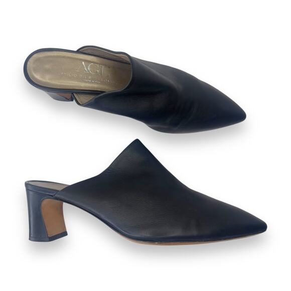 AGL Women's Pointed Toe Block Heel Mules Size EU 40 US 10 Italian Black Leather - Picture 1 of 10